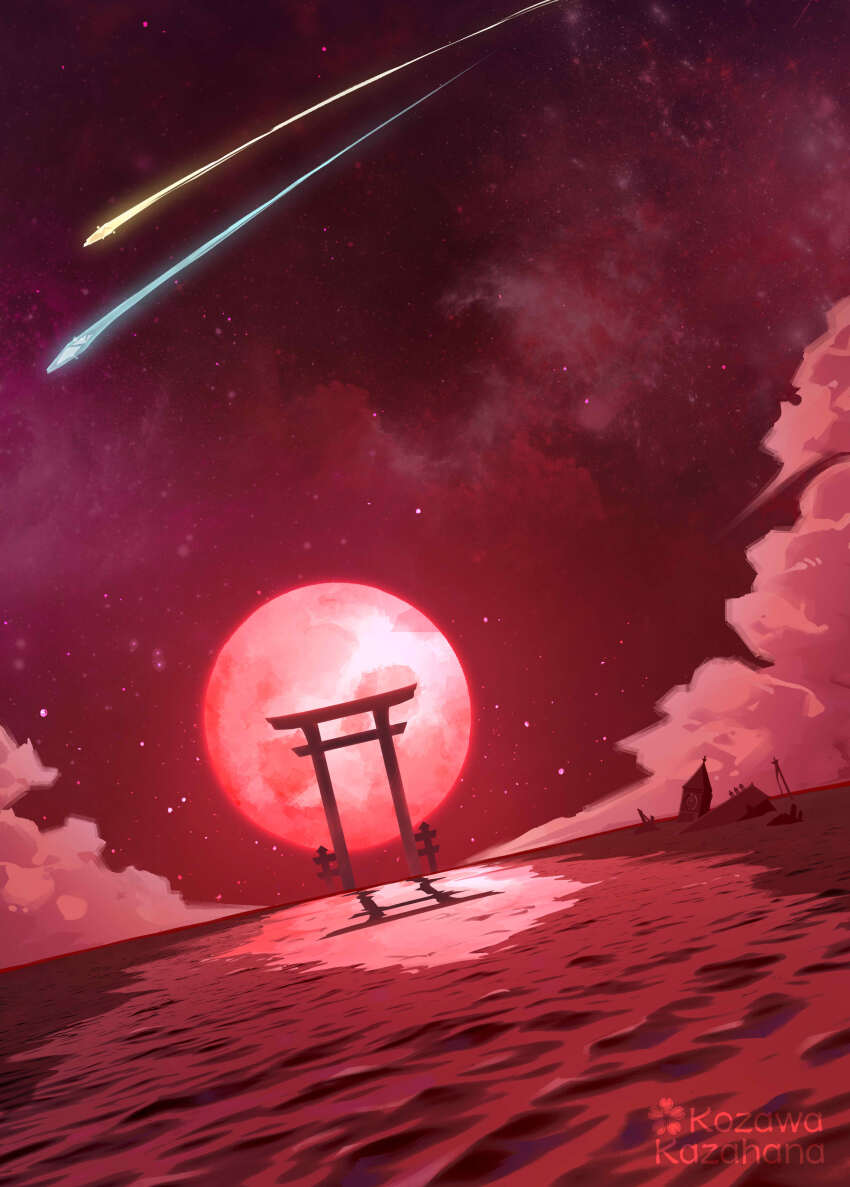 absurdres artist_name building cloud commentary_request full_moon highres horizon kozawa_kazahana moon nebula night no_humans outdoors ruins scarlet_devil_mansion shadow shooting_star sky star_(sky) starry_sky torii touhou water