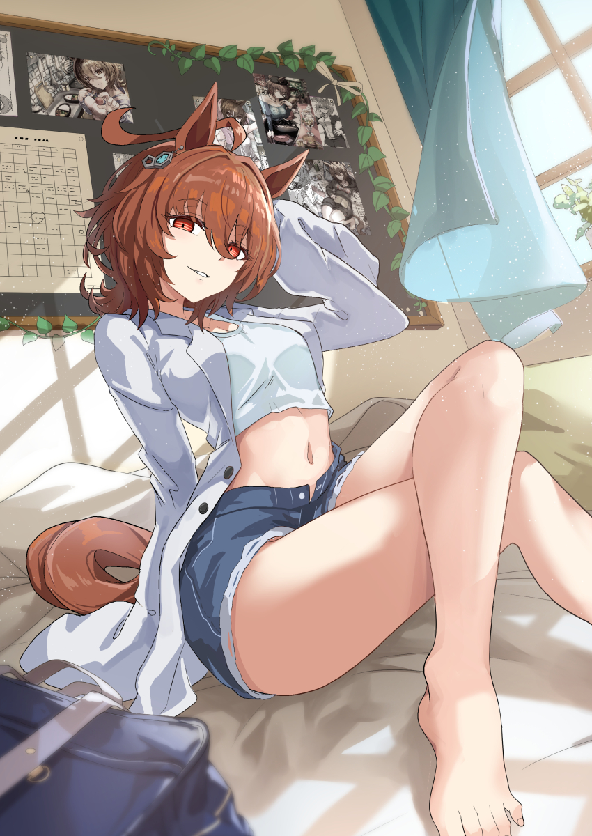 1girl absurdres agnes_tachyon_(umamusume) ahoge animal_ears bag barefoot bed bedroom blue_shirt breasts brown_hair buttons coat commentary_request cropped_shirt crossed_legs curtains day denim denim_shorts earrings foot_out_of_frame grin hair_between_eyes highres horse_ears horse_girl horse_tail huge_ahoge indoors jewelry lab_coat long_sleeves looking_at_viewer medium_breasts midriff navel okitsugu parted_lips photo_(object) plant potted_plant school_bag shirt shorts single_earring sitting sleeves_past_fingers sleeves_past_wrists smile solo tail umamusume vines white_coat white_shirt window