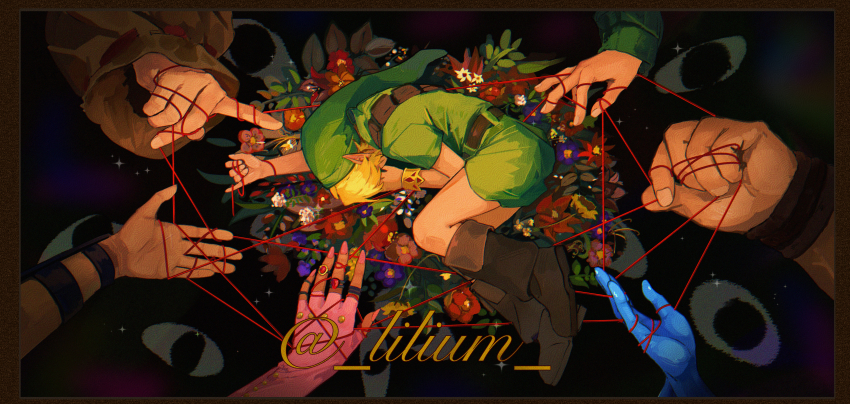 3boys 4girls absurdres blonde_hair blue_skin bracelet colored_skin darunia elbow_gloves flower gloves green_sweater green_tunic highres impa jewelry lilium815719 link multiple_boys multiple_girls nabooru nintendo phrygian_cap pointy_ears princess_ruto rauru_(ocarina_of_time) saria_(zelda) string string_of_fate sweater the_legend_of_zelda the_legend_of_zelda:_ocarina_of_time tunic twitter_username young_link