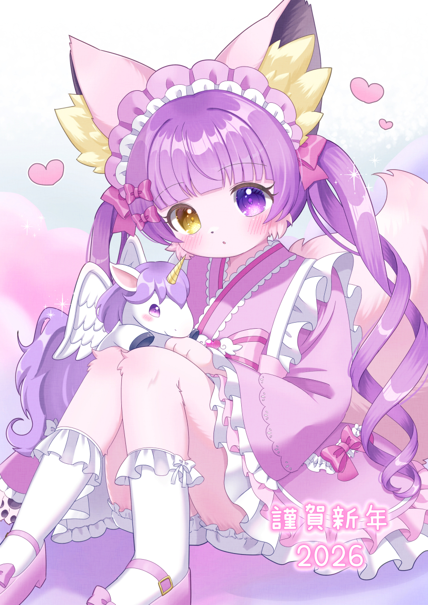 1girl 2026 absurdres animal animal_ear_fluff animal_ears bloomers blunt_bangs blush bow cloud commentary creature dress english_commentary fox_ears fox_tail frilled_dress frilled_socks frills furry furry_and_animal furry_female hair_bow happy_new_year heart heterochromia highres japanese_clothes lolita_fashion long_hair maid_headdress mirun_migyu new_year original pink_bow pink_dress pink_fur pink_shoes purple_eyes shoes sitting socks solo sweet_lolita tail translation_request twintails underwear very_long_hair wa_lolita white_bloomers wide_sleeves winged_unicorn yellow_eyes yume_kawaii