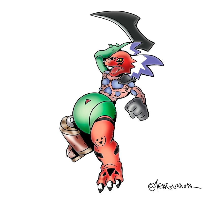 absurdres centalmon clenched_hand culumon digimon fusion growmon guardromon guilmon highres megalogrowmon monster open_mouth rapidmon_(perfect) sharp_teeth simple_background snimon teeth what white_background bad_tag yellow_eyes