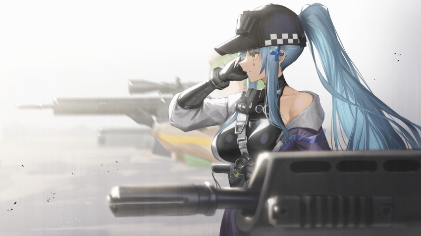 3girls assault_rifle baseball_cap belka_(girls'_frontline_2) black_gloves black_hat blue_hair breasts commentary_request cross_hair_ornament facial_mark g11_(girls'_frontline) g28_(girls'_frontline) girls'_frontline girls'_frontline_2:_exilium gloves green_eyes green_hair gun h&amp;k_g36 hair_ornament hat highres hk416_(girls'_frontline) klukai_(girls'_frontline_2) long_hair mechty_(girls'_frontline_2) multiple_girls parted_lips ponytail rifle scope simple_background tattoo teardrop_facial_mark teardrop_tattoo weapon white_background yakupan