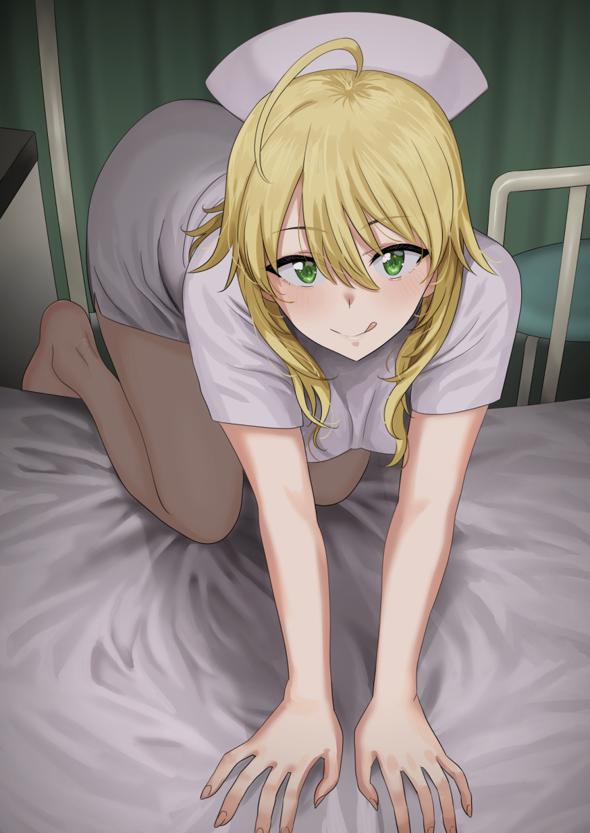 1girl :q ahoge all_fours bed blonde_hair blush breasts commentary dress green_eyes hair_between_eyes hat highres hoshii_miki hospital_bed idolmaster idolmaster_(classic) indoors large_breasts long_hair looking_at_viewer nurse nurse_cap short_sleeves smile solo tongue tongue_out tsurui white_dress