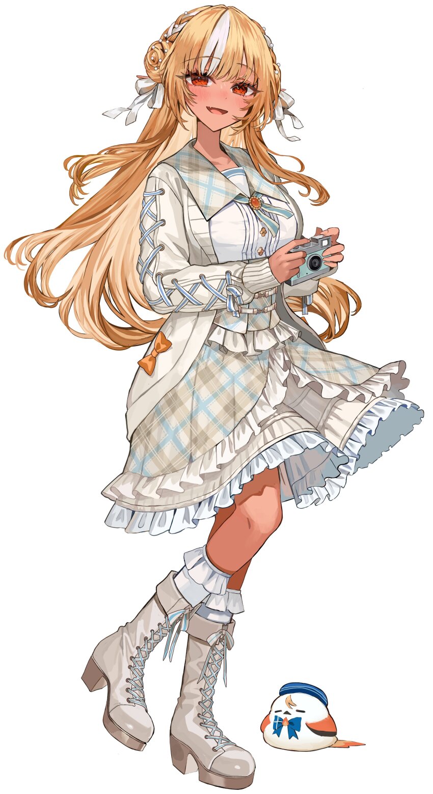 1girl :d absurdres blonde_hair blue_ribbon boots braid brooch camera commentary_request corset cross-laced_clothes cross-laced_sleeves crown_braid dark-skinned_female dark_elf dark_skin elf elfriend_(shiranui_flare) fang frilled_corset frilled_skirt frills full_body grey_boots grey_corset grey_jacket grey_sailor_collar grey_skirt hair_bun hair_ribbon highres holding holding_camera hololive jacket jewelry lace-up_boots layered_skirt long_hair looking_at_viewer multicolored_hair neck_ribbon official_alternate_costume open_mouth platform_boots pointy_ears red_eyes ribbon rum_raisin_(chihiromakita19) sailor_collar shiranui_flare shiranui_flare_(8th_costume) shirt side_up_bun simple_background skin_fang skirt smile solo streaked_hair virtual_youtuber white_background white_ribbon white_shirt