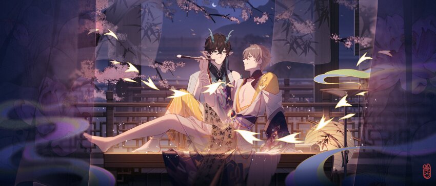 2boys absurdres aqua_eyes aqua_horns arm_support bamboo_screen barefoot black_hair black_sash branch caelus_(honkai:_star_rail) calligraphy calligraphy_brush chinese_clothes chinese_commentary closed_mouth commentary_request crescent_moon crossed_bangs curtains dan_heng_(honkai:_star_rail) dan_heng_(imbibitor_lunae)_(honkai:_star_rail) detached_sleeves dragon_horns earrings eastern_dragon_horns feet folding_screen grey_hair hair_between_eyes hand_up highres holding holding_another's_wrist holding_calligraphy_brush holding_paintbrush honkai:_star_rail honkai_(series) horns incense indoors jewelry lattice legs light_particles long_hair long_sleeves looking_at_another male_focus mandarin_collar moon mountainous_horizon multiple_boys night on_table open_clothes open_robe paintbrush pectoral_cleavage pectorals pointy_ears purple_ribbon railing ribbon robe sang_sha sash scroll shirt short_hair sitting smile table trailblazer_(honkai:_star_rail) white_robe white_shirt wide_sleeves wooden_railing wooden_table yaoi yellow_eyes yellow_robe