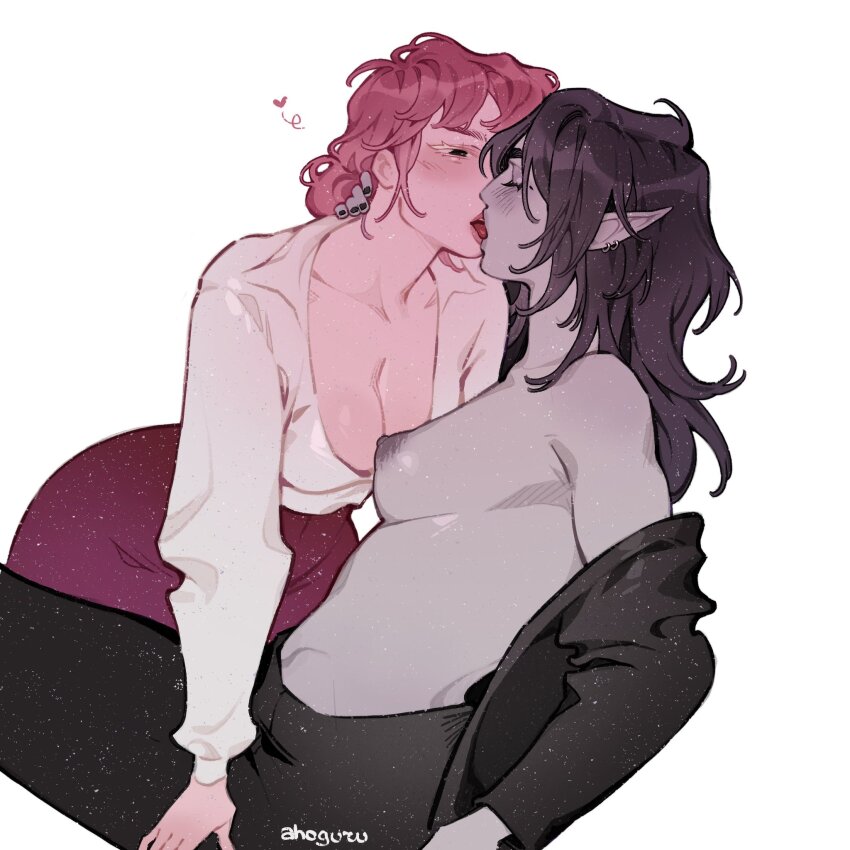 2girls adventure_time ahageao49 black_hair black_pants breasts closed_eyes commentary ear_piercing french_kiss hand_on_another's_neck heart highres jacket kiss long_hair marceline_abadeer medium_breasts multiple_girls nipples open_clothes open_jacket pants piercing pink_hair pointy_ears princess_bonnibel_bubblegum purple_skirt shirt simple_background skirt tongue tongue_out white_background white_shirt yuri