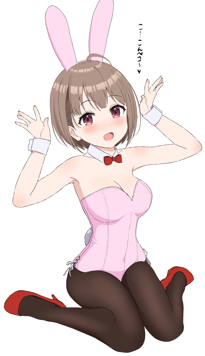 1girl absurdres ahoge animal_ears blush bow bowtie breasts brown_pantyhose cleavage commentary_request covered_navel detached_collar fake_animal_ears fake_tail harusaki_nodoka high_heels highres hololive large_breasts leotard looking_at_viewer medium_hair norigure18 pantyhose pink_leotard purple_eyes rabbit_ears rabbit_tail red_bow red_bowtie red_shoes shoes simple_background sitting smile solo tail translation_request virtual_youtuber white_background white_wrist_cuffs wrist_cuffs