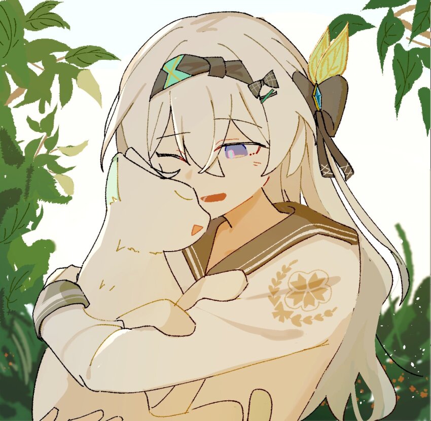 1girl animal beibc_eee black_hairband black_ribbon cat firefly_(honkai:_star_rail) firefly_(spring_missive)_(honkai:_star_rail) grey_hair grey_sailor_collar hair_between_eyes hair_ornament hairband hashtag-only_commentary highres holding holding_animal holding_cat honkai:_star_rail honkai_(series) long_hair long_sleeves multicolored_eyes one_eye_closed open_mouth purple_eyes ribbon sailor_collar school_uniform serafuku shirt two-tone_eyes white_shirt