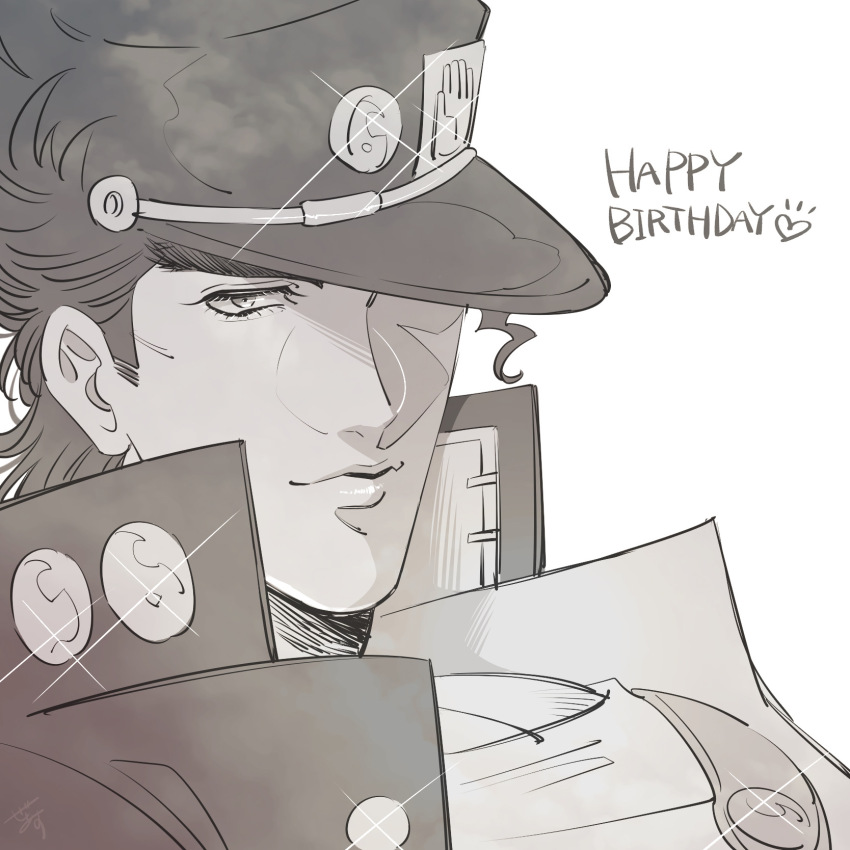 1boy black_coat black_hat buttons coat commentary commentary_request english_text eyelashes flat_color furrowed_brow gakuran glint greyscale happy_birthday hat highres jacket jojo_no_kimyou_na_bouken kuujou_joutarou limited_palette looking_at_viewer male_focus medium_hair monochrome one_eye_in_shadow open_clothes open_coat pectoral_cleavage pectorals portrait school_uniform sideburns sketch smirk thick_eyebrows white_background zeus_(zearth1996)