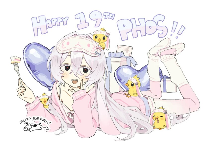 1girl :d animal_slippers baby_animal balloon bird birthday black_eyes cake cake_slice chick collarbone colored_eyelashes dot_nose feet_up food fork gift hair_between_eyes happy_birthday heart_balloon holding holding_fork indie_virtual_youtuber leg_warmers lying mota_(motaberrie) on_stomach open_mouth pantyhose phosetre_(vtuber) pink_pantyhose pink_sweater red_pupils signature sleeves_past_wrists slippers smile sweater the_pose white_background white_eyelashes white_leg_warmers
