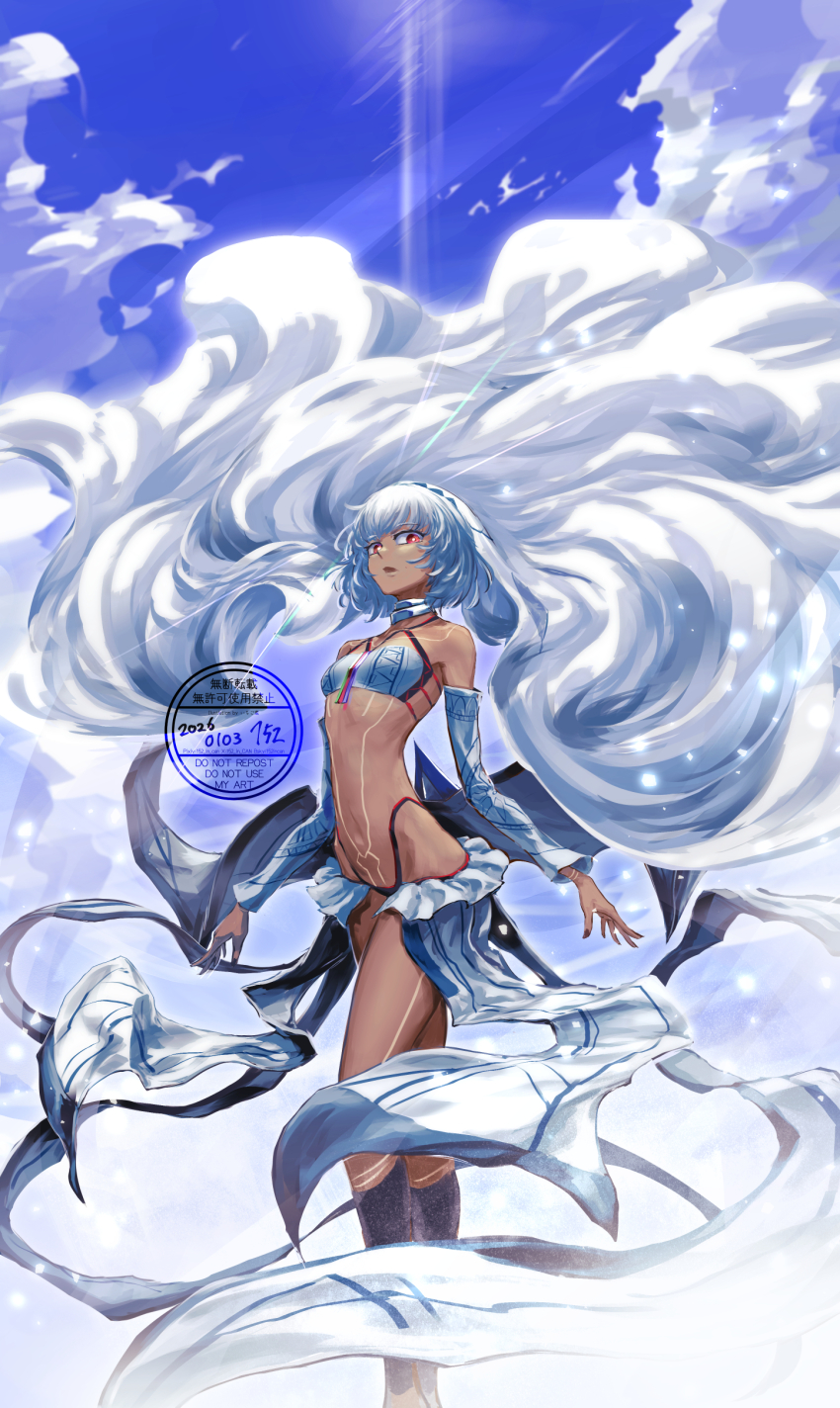 152_in_can 1girl absurdres altera_(fate) bare_shoulders blue_sky breasts choker cloud commentary_request dark-skinned_female dark_skin detached_sleeves fate/grand_order fate_(series) highres looking_at_viewer navel open_mouth red_eyes revealing_clothes short_hair sky small_breasts solo tattoo veil white_hair