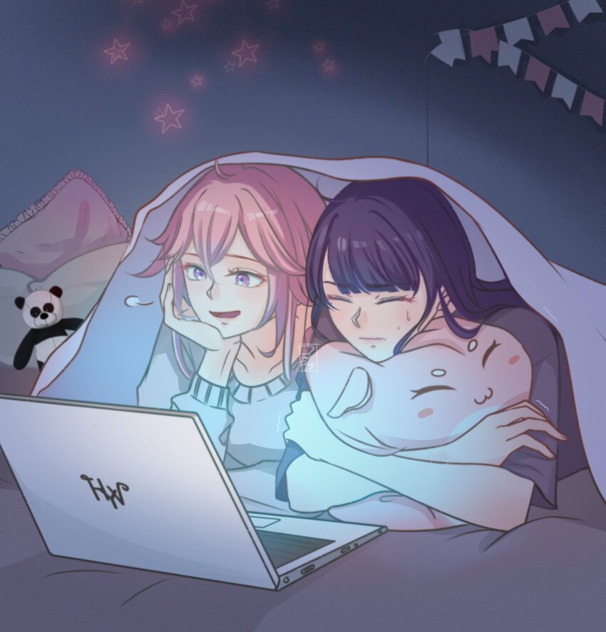 2girls absurdres animal_ears blunt_bangs character_doll closed_eyes closed_mouth commentary computer couple crossed_arms doll english_commentary fox_ears fox_girl genshin_impact hair_between_eyes hand_on_own_chin happy highres hugging_object laptop long_hair lying multiple_girls on_bed on_stomach open_mouth pillow pink_hair purple_eyes purple_hair raiden_shogun rarebiart scared shade short_sleeves sigh smile stuffed_animal stuffed_toy sweatdrop under_covers yae_miko yae_miko_(fox) yuri