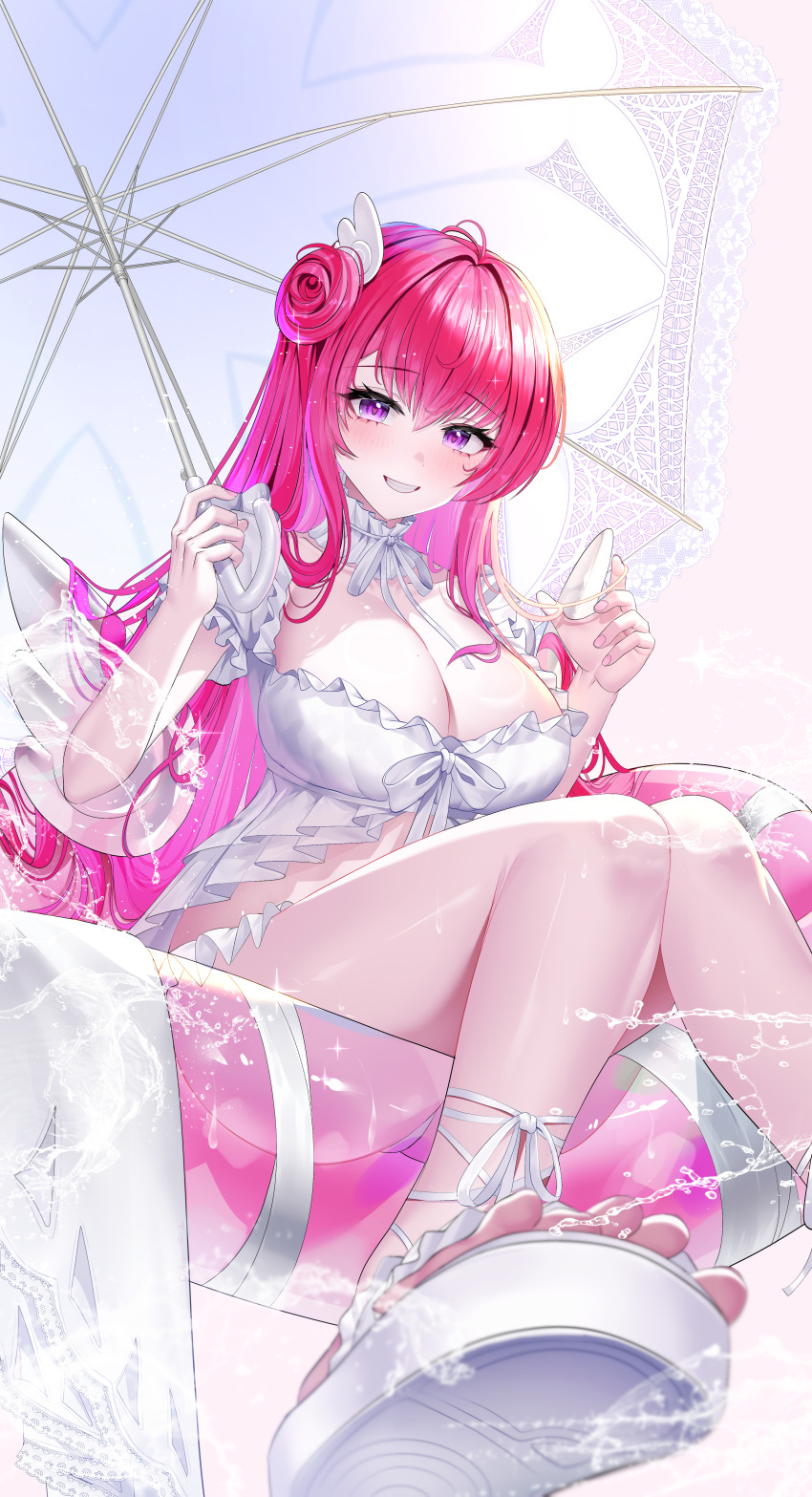 1girl absurdres bikini blush breasts bug butterfly butterfly_on_hand cleavage dorothy_(nikke) feet frills goddess_of_victory:_nikke grin hair_bun highres holding holding_umbrella innertube insect korean_commentary large_breasts legs long_hair looking_at_viewer parasol pink_hair purple_eyes ribbon sandals short_sleeves sitting smile solo swim_ring swimsuit toes umbrella white_bikini white_ribbon yeondo