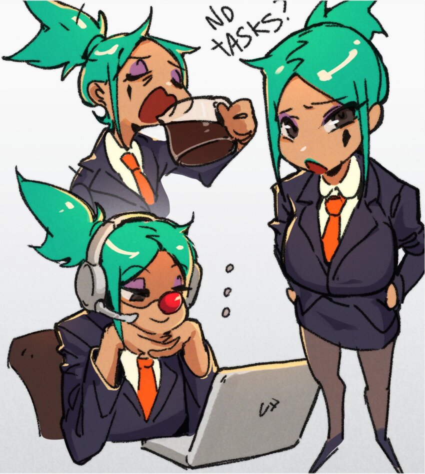 ... 1girl alternate_costume breasts bubene cerebella_(skullgirls) closed_eyes clown_nose coffee coffee_pot computer dark-skinned_female dark_skin english_text eyeshadow green_hair grey_background grey_eyes headset highres interlocked_fingers laptop large_breasts looking_at_viewer makeup multiple_views necktie office_lady open_mouth pantyhose ponytail skullgirls smile solo