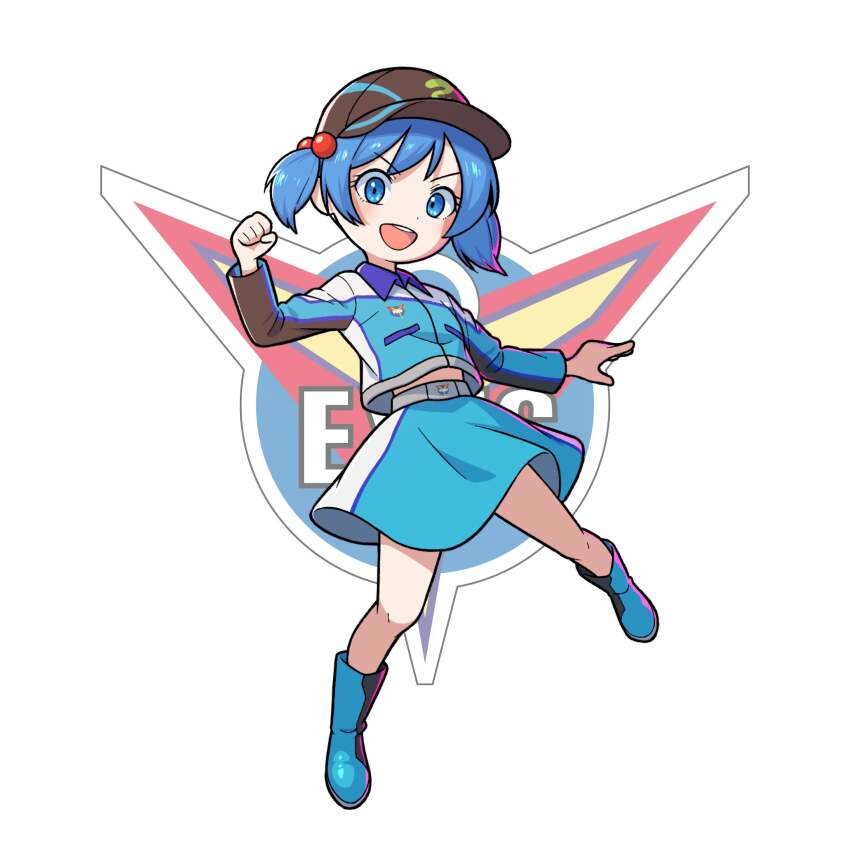 1girl :d absurdres bad_tag bare_legs baseball_cap belt black_hat black_jacket blue_boots blue_eyes blue_hair blue_jacket blue_skirt boots clenched_hand collared_jacket commentary dot_nose full_body hair_bobbles hair_ornament hand_up hat highres jacket kawashiro_nitori legs_apart logo logo_background long_sleeves looking_at_viewer midriff_peek miniskirt multicolored_jacket multicolored_skirt open_mouth short_hair silver_belt silver_trim simple_background skirt smile solo team_eyes_uniform tokusatsu touhou two_side_up ultra_series ultraman_cosmos_(series) user_cftx2524 v-shaped_eyebrows white_background white_jacket white_skirt