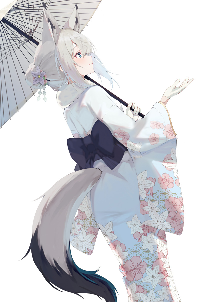 1girl absurdres animal_ears azur_lane blue_eyes clothing_cutout commentary floral_print flower fox_ears fox_girl fox_tail fur-trimmed_kimono fur_trim gloves hair_bun hair_flower hair_ornament highres holding holding_umbrella japanese_clothes kawakaze_(azur_lane) kimono looking_to_the_side natsuki_(natsu_1936) obi oil-paper_umbrella sash shirt short_hair sidelocks simple_background solo tail tail_through_clothes umbrella white_background white_gloves white_kimono white_shirt white_umbrella