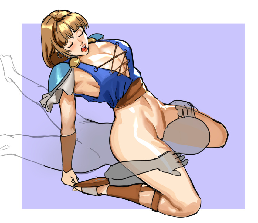 blonde_hair bottomless breasts cleavage closed_eyes cunnilingus faceless faceless_male girl_on_top large_breasts midriff navel oral sandals sideboob simple_background sitting sitting_on_face sitting_on_person sophitia_alexandra soul_calibur soul_calibur_ii sunbeam_(artist)