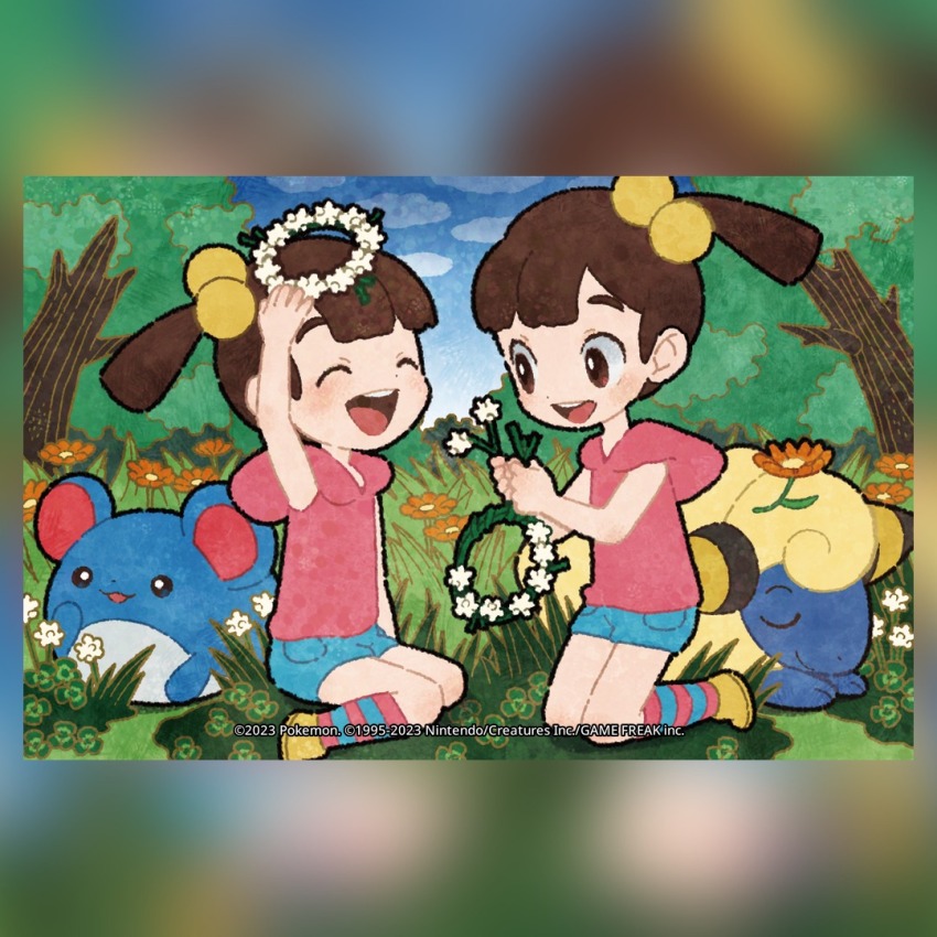 2girls blue_shorts blue_sky blush brown_eyes brown_hair child closed_eyes cloud commentary day english_commentary eo_kanako flower full_body gen_2_pokemon grass hair_bobbles hair_ornament head_wreath holding hood hood_down hoodie kneeling mareep marill multiple_girls nintendo official_art open_mouth orange_flower outdoors pink_hoodie pokemon pokemon_(creature) pokemon_hgss pokemon_tcg ponytail shorts siblings sisters skitting sky sleeveless sleeveless_hoodie smile socks striped_clothes striped_socks teeth third-party_source twins twins_(pokemon) two-tone_socks upper_teeth_only white_flower