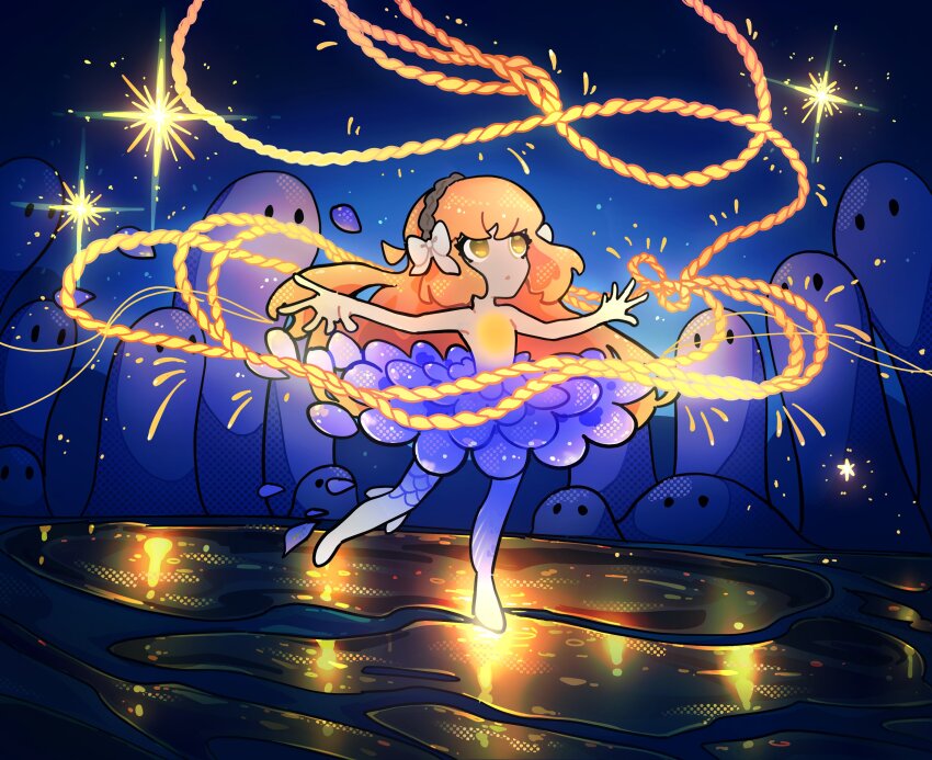 1girl absurdres blue_background commentary compass_(mili) dancer dancing english_commentary floating_hair highres ishmael_(project_moon) limbus_company long_hair looking_up mili_(band) minty_chu orange_hair project_moon solid_oval_eyes solo string tutu yellow_eyes