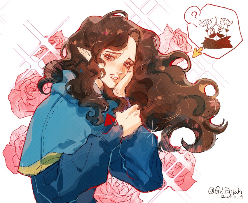 1boy absurdres alternate_species beard bishie_sparkle blush dungeon_meshi dwarf elf facial_hair fake_horns flower gillelijah hand_on_own_cheek hand_on_own_face helmet highres horned_helmet horns long_beard long_hair male_focus mustache pencil_mustache pointy_ears rose senshi_(dungeon_meshi) senshi_(elf)_(dungeon_meshi) solo sparkle_background spoken_character thick_mustache upper_body very_long_beard very_long_hair