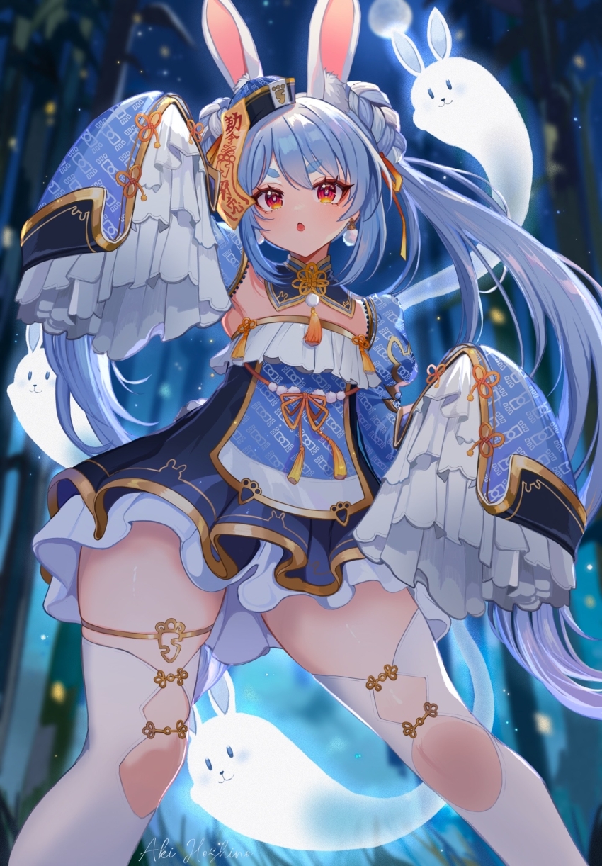 1girl :o aki_hoshino animal_ear_fluff animal_ears armpits artist_name bamboo bamboo_forest blue_hair blurry blurry_background braid braided_bun breasts carrot_print chestnut_mouth chinese_clothes chinese_knot cowboy_shot detached_collar detached_sleeves don-chan_(usada_pekora) double_bun dress earrings extra_ears eyeshadow food_print forest frilled_dress frilled_skirt frills full_moon ghost gold_thighlet gold_trim hair_between_eyes hair_bun hair_ribbon hand_up hat highres hololive jewelry jiangshi_costume juliet_sleeves knee_cutout layered_dress light_particles long_hair long_sleeves looking_at_viewer makeup moon multicolored_hair nature night official_alternate_costume official_alternate_hairstyle ofuda ofuda_on_clothes ofuda_on_head orange_eyes parted_lips pom_pom_(clothes) pom_pom_earrings puffy_sleeves qingdai_guanmao rabbit-shaped_pupils rabbit_ears rabbit_girl ribbon short_dress sidelocks signature skirt sky sleeves_past_fingers sleeves_past_wrists small_breasts streaked_hair symbol-shaped_pupils tassel thick_eyebrows thighhighs thighlet twintails two-tone_hair usada_pekora usada_pekora_(jiangshi) virtual_youtuber white_hair white_thighhighs wide_sleeves