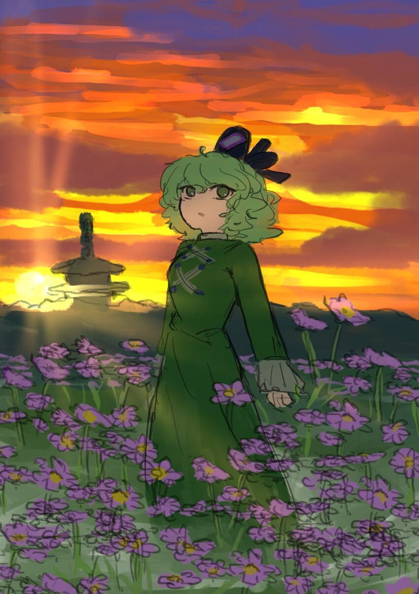 1girl black_hat cloud commentary_request cowboy_shot dress field flower flower_field green_dress green_eyes green_hair hat highres long_dress long_sleeves looking_at_viewer open_mouth orange_sky outdoors purple_flower ritsuzou short_hair sky soga_no_tojiko solo sunrise tate_eboshi touhou