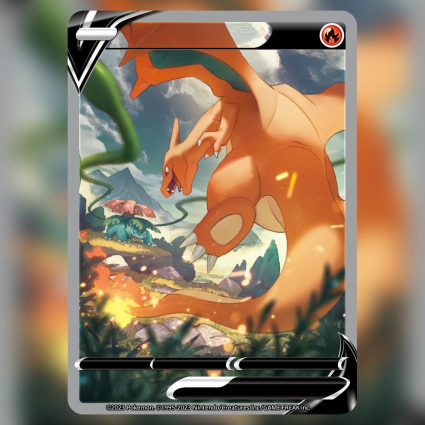 animal_focus blue_eyes card_(medium) charizard claws cloud cloudy_sky commentary company_name copyright_name copyright_notice dragon embers english_commentary fangs fire flame-tipped_tail flower flying gen_1_pokemon grass mountainous_horizon murayama_ryota nintendo no_humans official_art open_mouth outdoors plant pokemon pokemon_(creature) pokemon_card pokemon_focus pokemon_tcg red_eyes red_flower rock sharp_teeth sky tail teeth textless_version third-party_source trading_card tree venusaur vines