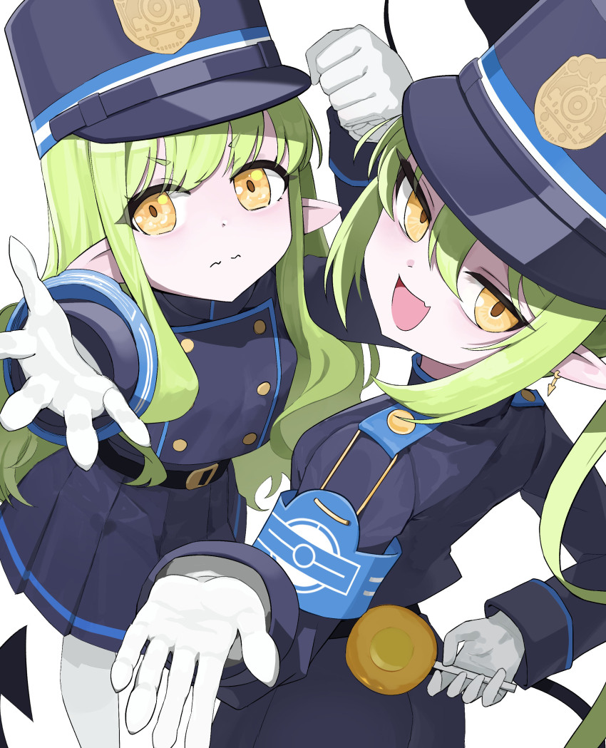 2girls absurdres armband belt black_belt black_hat black_jacket black_shorts black_skirt blue_archive blue_armband candy clenched_hand closed_mouth commentary demon_tail dra_(dhra_a) earrings fang food gloves green_hair hair_between_eyes hat highres hikari_(blue_archive) holding holding_candy holding_food holding_lollipop jacket jewelry jitome lollipop long_hair long_sleeves looking_at_viewer multiple_girls nozomi_(blue_archive) open_mouth pantyhose pleated_skirt shorts siblings sidelocks single_earring sisters skin_fang skirt smile tail twintails v-shaped_eyebrows wavy_mouth white_background white_gloves white_pantyhose yellow_eyes