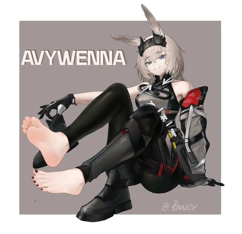 1girl absurdres animal_ears arknights arknights:_endfield avywenna_(arknights) barefoot blue_eyes feet highres long_hair looking_at_viewer nail_polish panzi_panzer parted_lips shoes soles toenail_polish toenails toes unworn_shoes