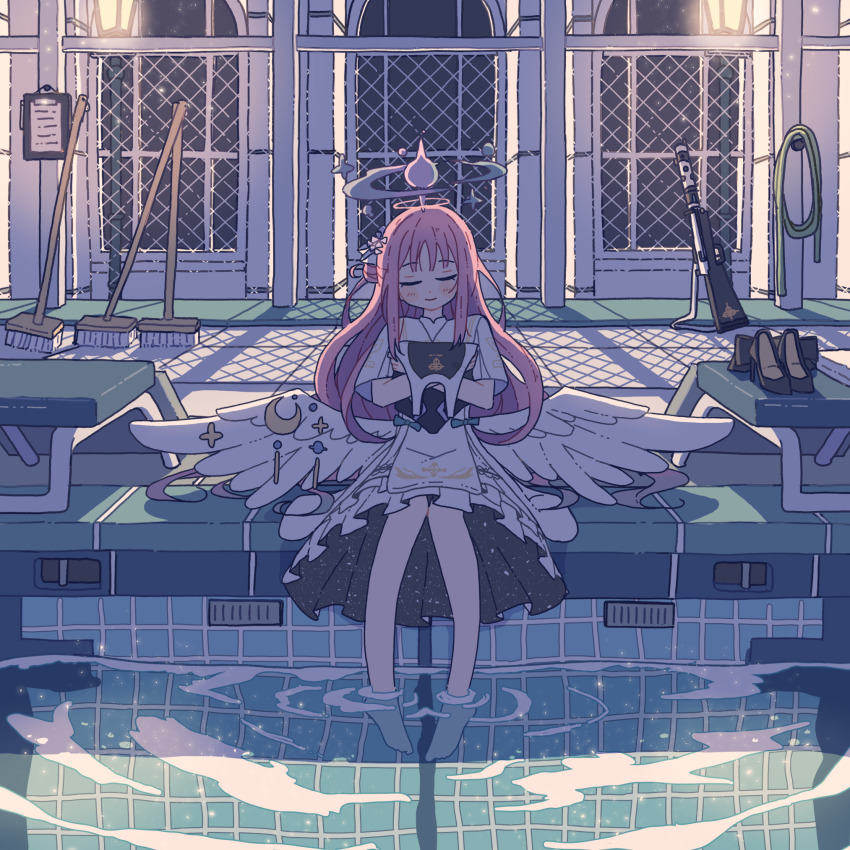 1girl akashia_(akasia313) angel_wings bare_legs barefoot blue_archive blue_hair blush capelet closed_eyes commentary_request feathered_wings flower gradient_hair gradient_halo gun hair_bun hair_flower hair_ornament halo high_heels highres hose hugging_object lanchester_smg long_hair low_wings mika_(blue_archive) multicolored_hair multicolored_halo pink_hair pink_halo pool school_swimsuit shoes sidelocks single_side_bun soaking_feet solo submachine_gun swimsuit trinity_general_school_swimsuit very_long_hair water weapon white_capelet white_wings wing_ornament wings