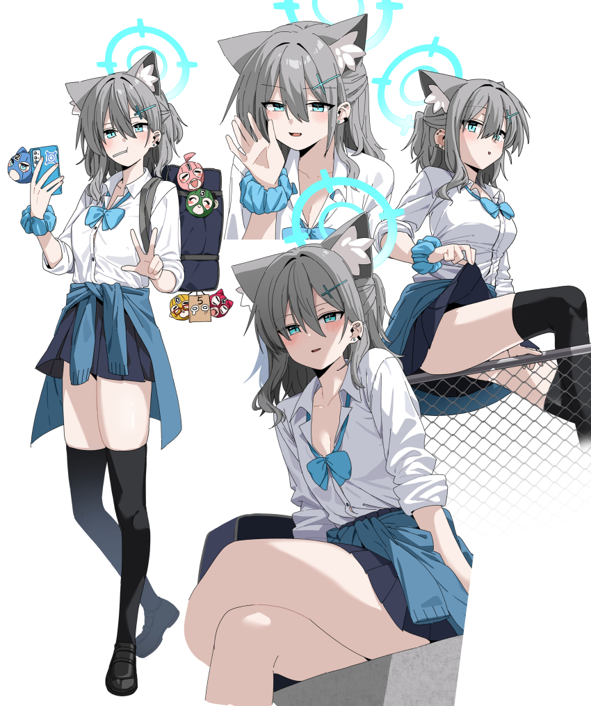 1girl absurdres animal_ear_fluff animal_ears b.t._(boob_tong) bag black_leggings blue_archive blue_bow blue_eyes blue_halo blue_scrunchie blue_sweater bow breasts chain-link_fence charm_(object) cleavage clothes_lift collared_shirt earrings fence grey_hair gyaru gyaru_v halo highres holding holding_phone jewelry leggings lifting_own_clothes light_blush loafers lollipop_in_mouth long_hair medium_breasts multiple_earrings open_collar phone pleated_skirt ponytail school_bag scrunchie shiroko_(blue_archive) shirt shoes skirt skirt_lift sweater tied_sweater v wolf_ears wrist_scrunchie