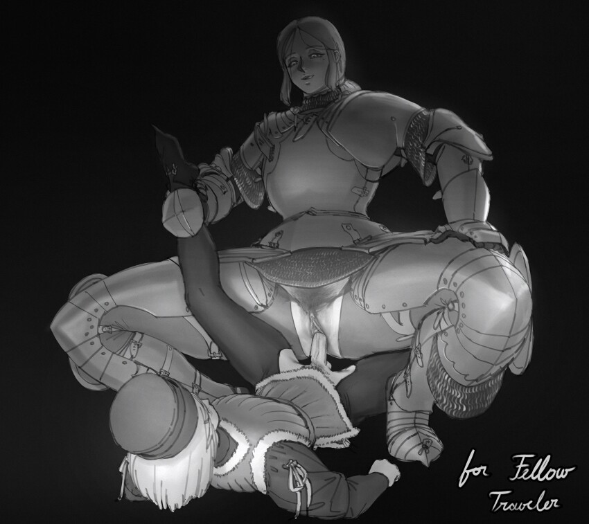 1boy 1girl absurdres armor black_background female_pubic_hair greyscale height_difference hetero highres knight monochrome original penis pubic_hair pussy simple_background squatting_cowgirl_position tall_female wass_nonnam