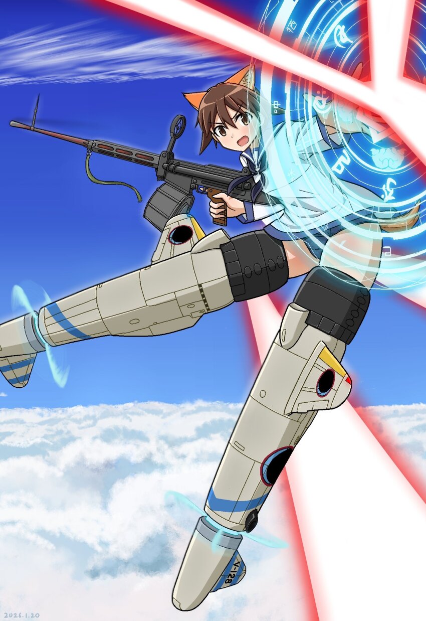 1girl animal_ears blue_one-piece_swimsuit blue_sailor_collar blue_sky brown_eyes brown_hair cloud cloudy_sky dog_ears dog_girl dog_tail flying highres laser miyafuji_yoshika one-piece_swimsuit open_mouth panbung-kun sailor_collar school_uniform shield sky solo strike_witches striker_unit swimsuit tail type_99_cannon weapon world_witches_series