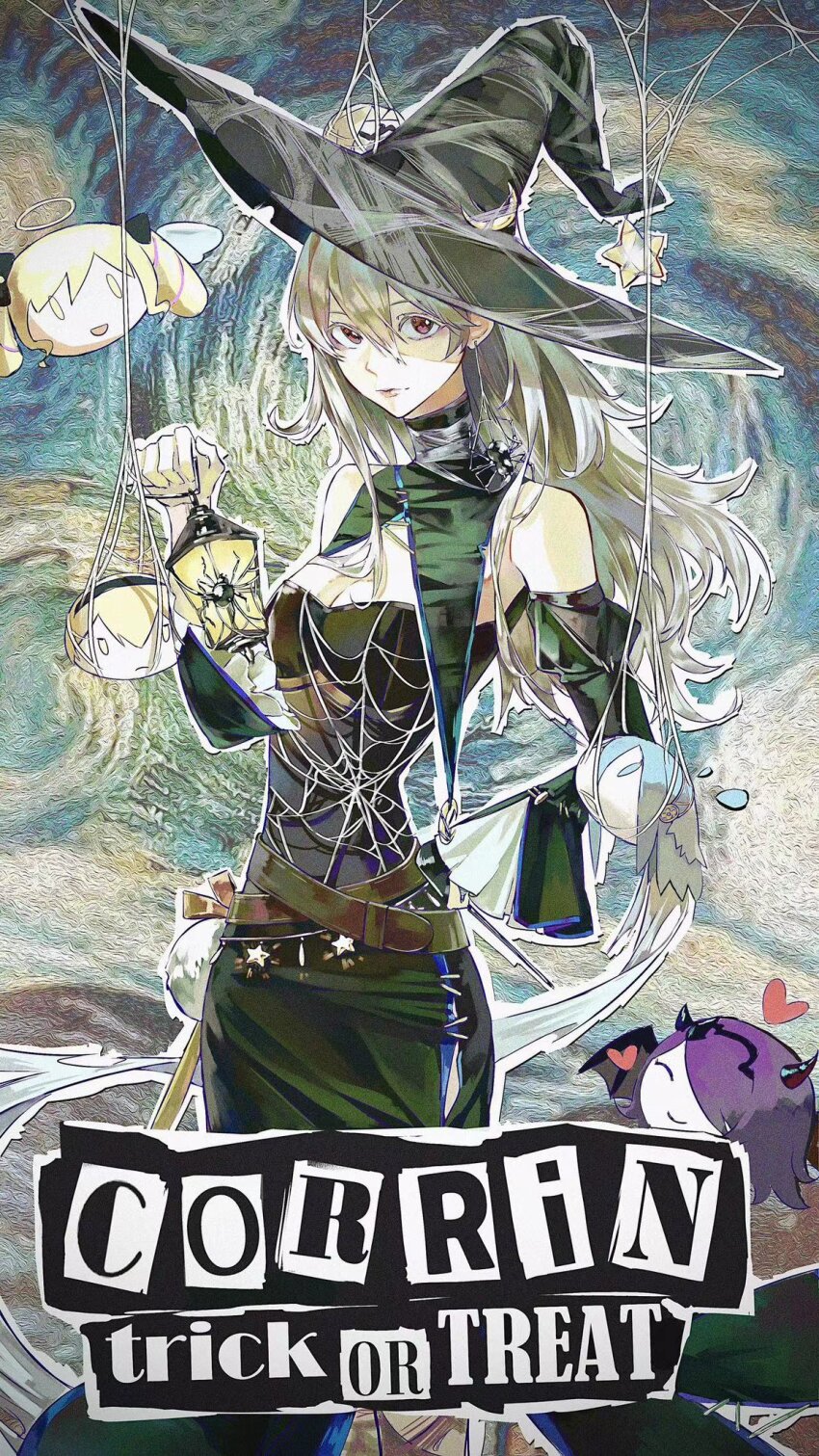 1girl alternate_breast_size aqua_hair azura_(fire_emblem) bare_shoulders belt black_capelet black_dress black_hat blonde_hair breasts bug camilla_(fire_emblem) capelet character_name commentary female_corrin_(fire_emblem) female_corrin_(halloween)_(fire_emblem) crescent detached_sleeves dress elise_(fire_emblem) english_text fire_emblem fire_emblem_fates fire_emblem_heroes grey_hair halloween halloween_costume halo hat heart highres holding holding_lantern lantern leo_(fire_emblem_fates) lkppp long_hair looking_at_viewer nintendo official_alternate_costume parted_lips partially_shaded_face purple_hair red_eyes shaded_face silk sleeves_past_fingers sleeves_past_wrists small_breasts spider spider_web symbol-only_commentary upper_body witch witch_hat xander_(fire_emblem)