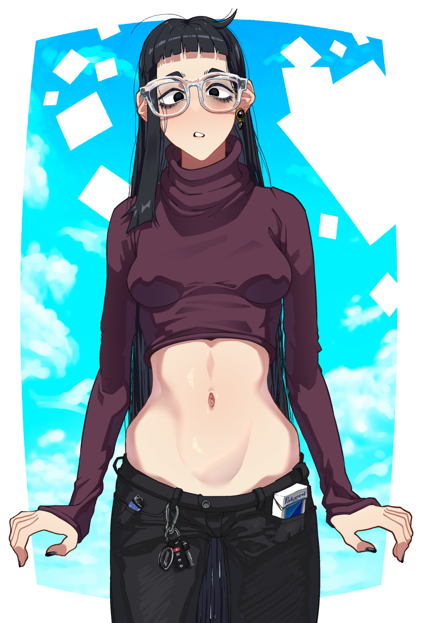 1girl absurdres ahoge black_eyes black_hair blue_background blue_sky blunt_bangs breasts car_keys cigarette_pack fuku_oni glasses highres jimiko lighter long_hair medium_breasts midriff navel original simple_background sky softshiki_oni turtleneck white_background