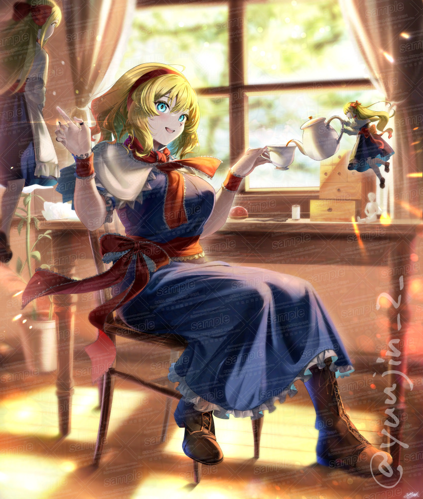 3girls absurdres alice_margatroid blue_dress blurry blurry_background blush boots breasts brown_boots capelet chair commentary cup doll dress floating frilled_ribbon frilled_wristband frills hairband highres holding holding_cup holding_teapot indoors jewelry lace-up_boots large_breasts multiple_girls multiple_rings on_chair plant potted_plant pouring puppet_rings puppet_strings red_hairband red_ribbon ribbon ring sample_watermark shanghai_doll sitting smile teacup teapot touhou twitter_username watermark white_capelet yujin_(kanouyuuto-0423)