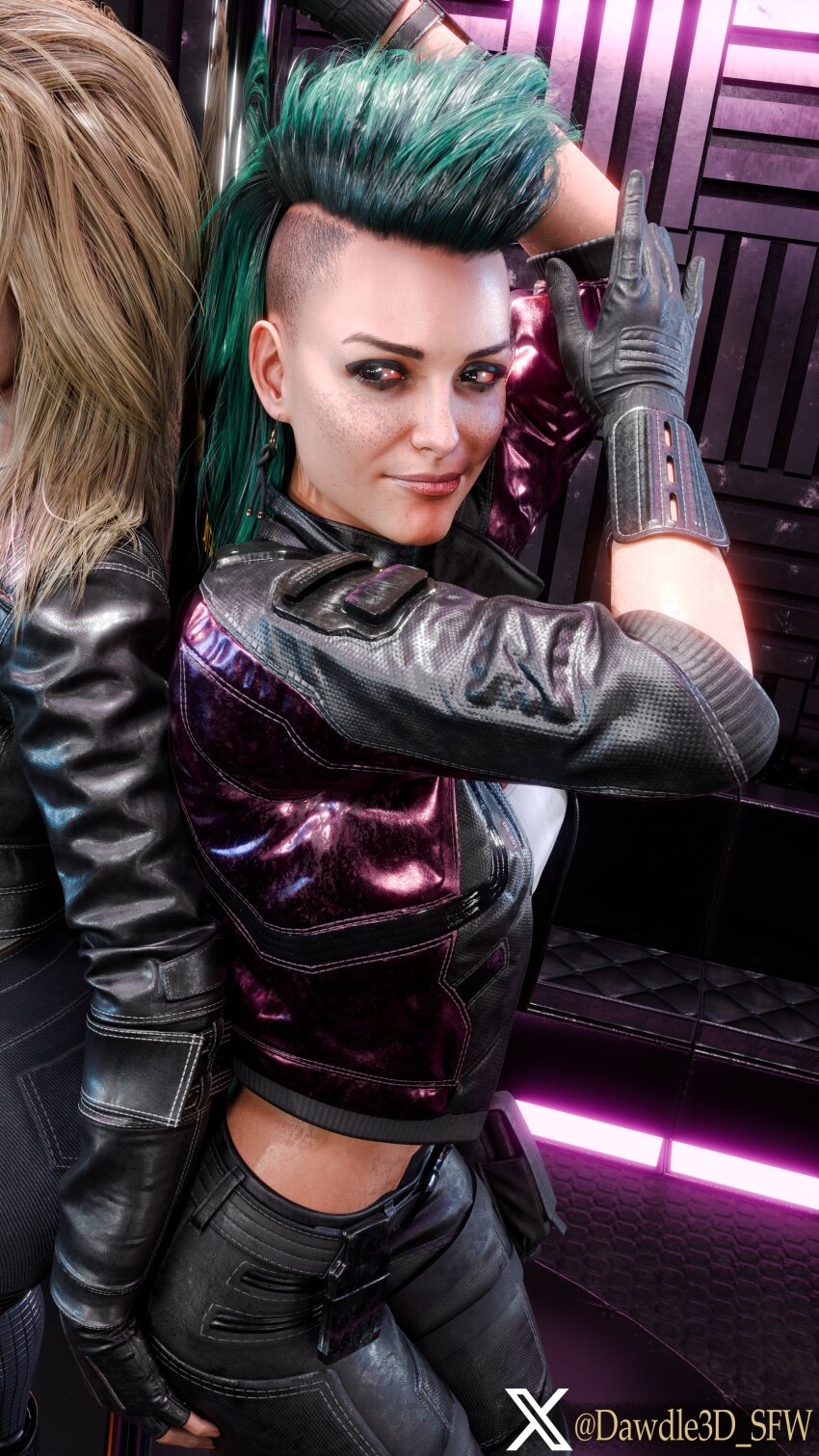 2girls 3d absurdres alt_cunningham artist_name asymmetrical_hair black_boots black_gloves black_jacket black_pants blonde_hair boots cyberpunk_(series) cyberpunk_2077 dawdle3d denim fingerless_gloves gloves green_hair highres jacket jeans long_hair multiple_girls open_clothes open_jacket pants pole rogue_amendiares sidecut stripper_pole twitter_username twitter_x_logo undercut