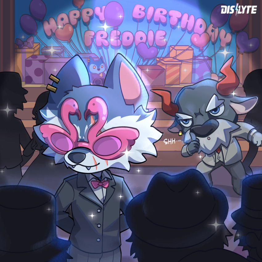 2boys animal_ears arm_behind_back artist_request beard character_name chibi closed_mouth commentary copyright_logo cow_ears cow_horns dislyte djoser_(atum)_(dislyte) earrings english_commentary facial_hair fangs fangs_out freddy_(fenrir)_(dislyte) furry furry_male glasses happy_birthday highres horns jewelry logo male_focus multiple_boys official_art scar scar_on_face scar_on_mouth smile sparkle wolf_boy wolf_ears