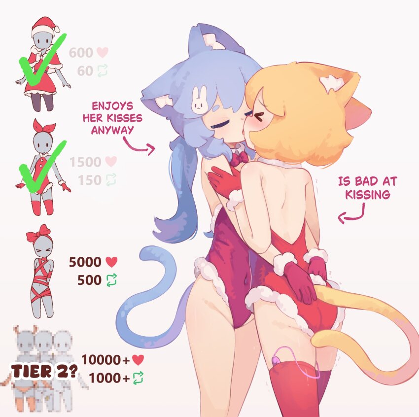 >_< 2girls absurdres animal_ear_fluff animal_ears arms_around_waist ass bare_shoulders blonde_hair blue_hair blush bow bowtie cat_ears cat_girl cat_tail character_request christmas closed_eyes collar covered_navel detached_collar english_text face-to-face fur_trim gloves groin hands_on_another's_ass highleg highleg_leotard highres kanbaki kanbaki's_orange-haired_catgirl kiss leotard like_and_retweet long_hair multiple_girls original ponytail red_bow red_bowtie red_gloves red_leotard red_thighhighs sex_toy short_hair strapless strapless_leotard tail thighhighs thighs twitter_strip_game vibrator vibrator_in_thighhighs white_collar yuri