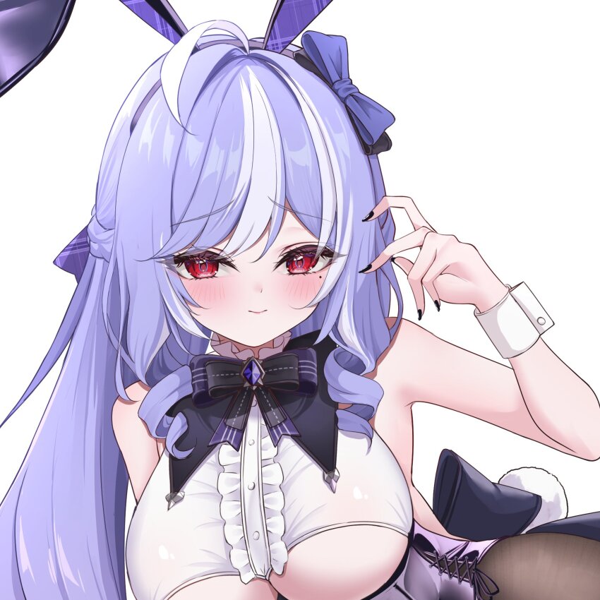 1girl animal_ears balut_(7676i) bare_shoulders black_bow black_bowtie black_nails black_pantyhose blush bow bowtie breasts cleavage closed_mouth commentary_request fake_animal_ears fake_tail fingernails hand_up highres large_breasts light_smile long_hair looking_at_viewer mole mole_under_eye nail_polish pantyhose playboy_bunny purple_hair rabbit_ears red_eyes simple_background solo tail unfinished very_long_hair vivian_banshee white_background zenless_zone_zero