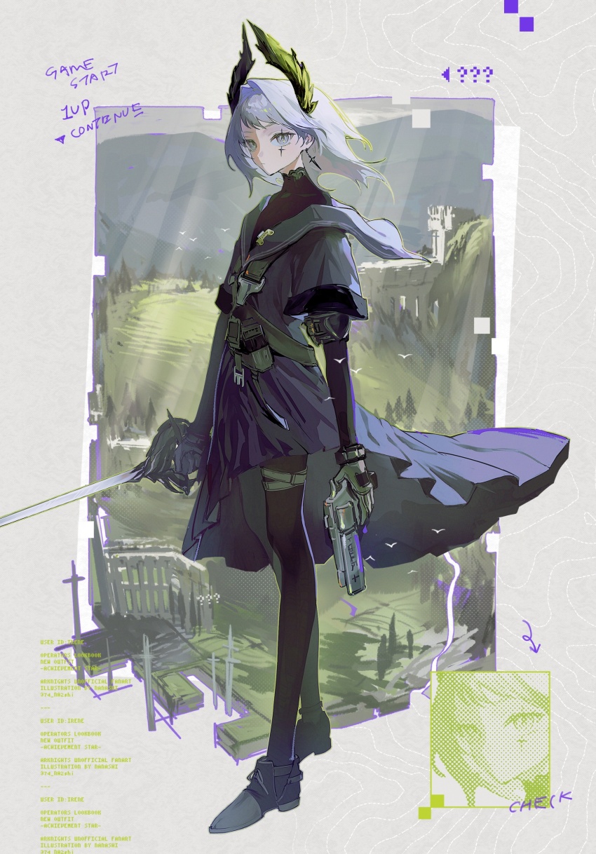 1girl ? ?? absurdres arknights arm_at_side black_pantyhose black_shirt black_shoes blue_skirt border brown_background commentary cross cross_earrings earrings english_text feather_hair full_body grass grave grey_eyes grey_hair grey_sky gun highres holding holding_gun holding_sword holding_weapon irene_(arknights) irene_(the_adjudicatrix_and_her_resolve)_(arknights) jewelry looking_at_viewer mountainous_horizon nanashi_74 official_alternate_costume outdoors pantyhose scar scar_across_eye scar_on_face shirt shoes short_hair simple_background skirt sky solo sword topographic_map weapon