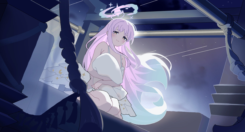 1girl absurdres bed bedroom bikini blue_archive feathered_wings frilled_bikini frills from_below fuyubone gradient_hair halo highres holding holding_pillow hugging_object long_hair looking_at_viewer low_wings mika_(blue_archive) mika_(swimsuit)_(blue_archive) multicolored_hair night official_alternate_costume pillar pillow pillow_hug pink_hair pink_halo seiza shooting_star sitting sky smile solo swimsuit very_long_hair white_bikini white_wings wings yellow_eyes