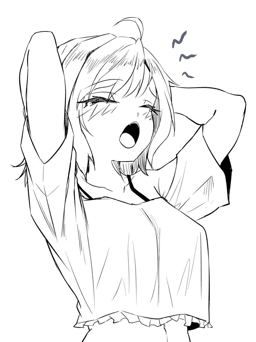 ahoge breasts closed_eyes commission ka-eli_xyovka mis_beee open_mouth shirt short_hair sketch small_breasts t-shirt waking_up yawning