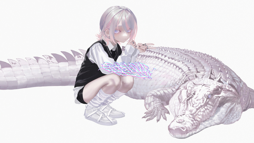 1girl absurdres albino animal barcode bike_shorts black_nails black_necktie breasts collared_shirt colored_eyelashes crocodile crocodilian ear_chain earclip expressionless hair_between_eyes highres jewelry linked_piercing long_sleeves looking_at_viewer multicolored_hair multicolored_nails multiple_rings necktie original piercing pink_hair pink_nails purple_eyes ring school_uniform shirt shoes small_breasts socks solo squatting sweater_vest two-tone_hair v white_eyelashes white_hair white_shoes white_socks zhayoulu