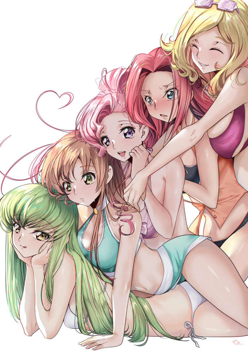 5girls absurdres bare_shoulders bikini blonde_hair blue_eyes breasts budgiepon c.c. cleavage closed_eyes closed_mouth code_geass euphemia_li_britannia eyelashes eyewear_on_head green_eyes green_hair highres kouzuki_kallen long_hair looking_at_viewer milly_ashford multiple_girls orange_hair pink_hair purple_eyes red_hair shirley_fenette short_hair side-tie_bikini_bottom smile straight_hair swimsuit tongue tongue_out very_long_hair wavy_hair white_background yellow_eyes