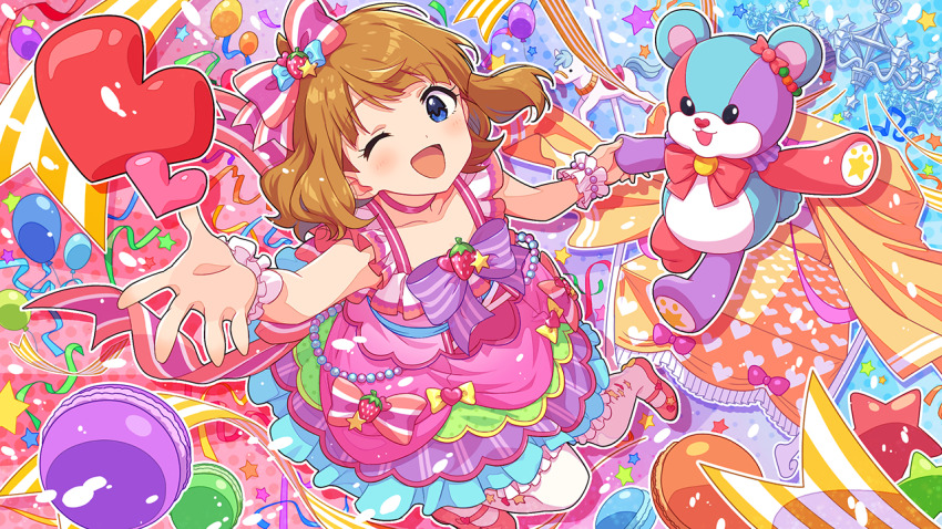 1girl :d blue_eyes bow brown_hair commentary_request dress floating_hair full_body game_cg hair_bow heart idolmaster idolmaster_million_live! idolmaster_million_live!_theater_days multicolored_dress official_alternate_costume official_art one_eye_closed open_mouth outline shoes short_hair sleeveless sleeveless_dress smile solo stuffed_animal stuffed_toy suou_momoko teddy_bear third-party_source white_outline