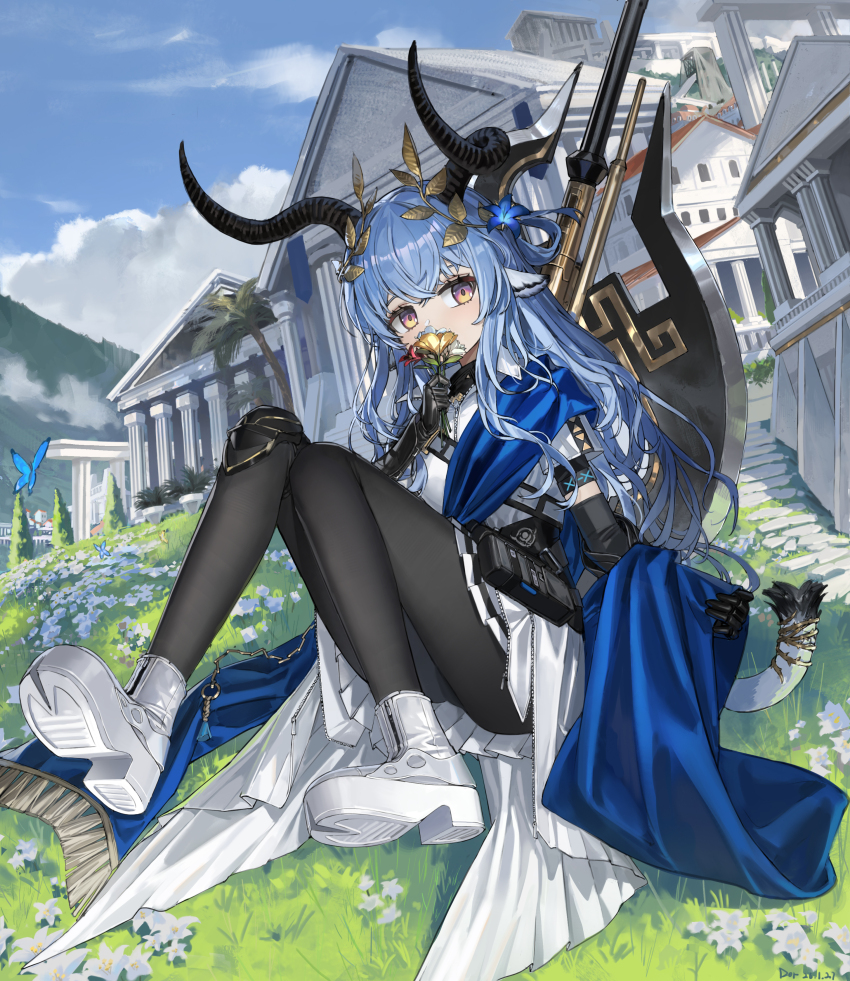 1girl absurdres arknights axe battle_axe black_pantyhose blue_hair blue_sky bug building butterfly cloud covered_mouth cynisca_(arknights) dor_m flower full_body head_wreath highres holding holding_flower horns insect long_hair looking_at_viewer on_grass outdoors pantyhose pillar purple_eyes shoes sky solo weapon white_shoes