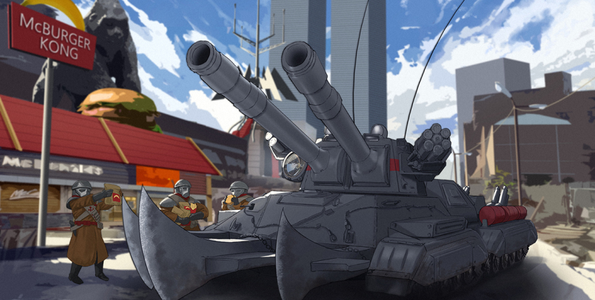 3others apocalypse_(command_&amp;_conquer:red_alert_2) battle building burger caterpillar_tracks cloud command_&amp;_conquer command_&amp;_conquer:_red_alert command_&amp;_conquer:_red_alert_2 day food lamppost military military_uniform military_vehicle motor_vehicle multiple_others new_york_city shuten_(project_sky) sky soldier tank tree war world_trade_center