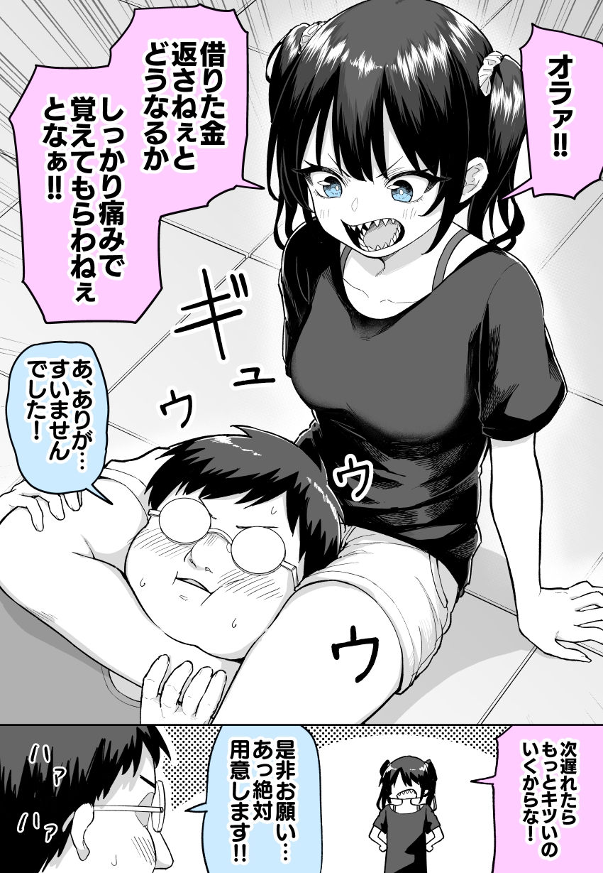 1boy 1girl absurdres blue_eyes blush breasts collarbone commentary_request glasses hair_ornament hair_scrunchie head_between_thighs highres medatarou open_mouth original partially_colored scrunchie sharp_teeth shorts sweat teeth twintails