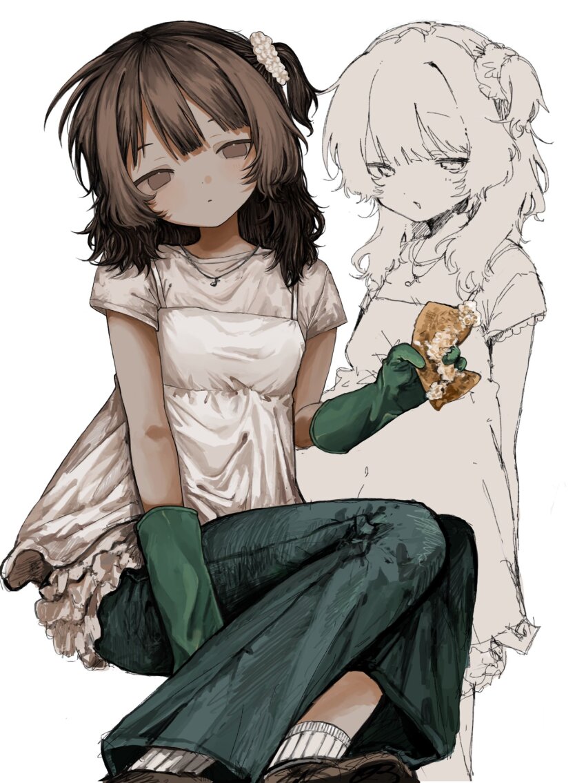 1girl :d brown_eyes brown_hair brown_shoes camisole camisole_over_clothes double-parted_bangs expressionless foot_out_of_frame gloves green_gloves green_pants hair_ornament hair_scrunchie head_tilt highres hiro_016016 holding holding_sponge jewelry knees_up looking_at_viewer medium_hair messy_hair multiple_views musical_note musical_note_necklace necklace one_side_up open_mouth original pants partially_colored rubber_gloves scrunchie shirt shoes short_sleeves simple_background sitting smile soap_bubbles socks sponge white_background white_camisole white_shirt white_socks